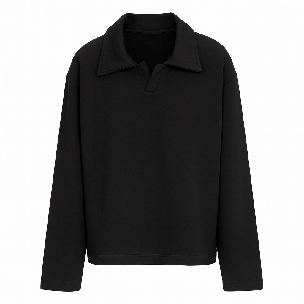 Black Relaxed Fit V-Split Collar Top