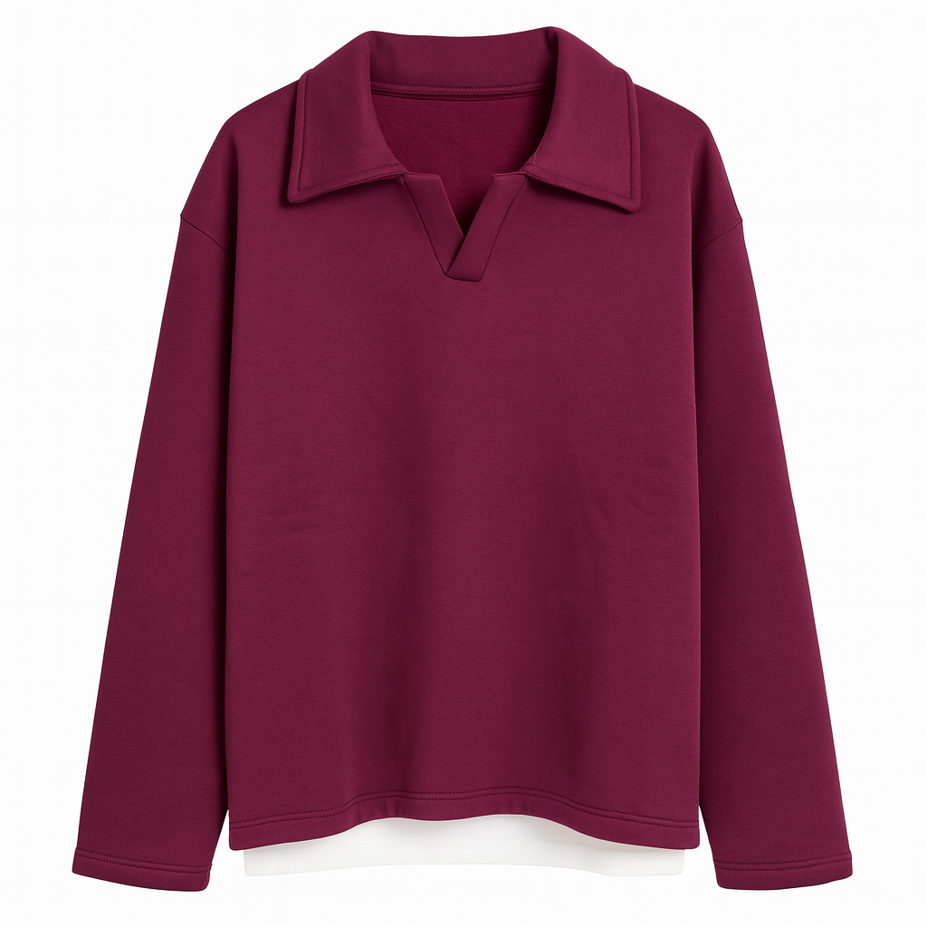 Burgundy Relaxed Fit V-Split Collar Top